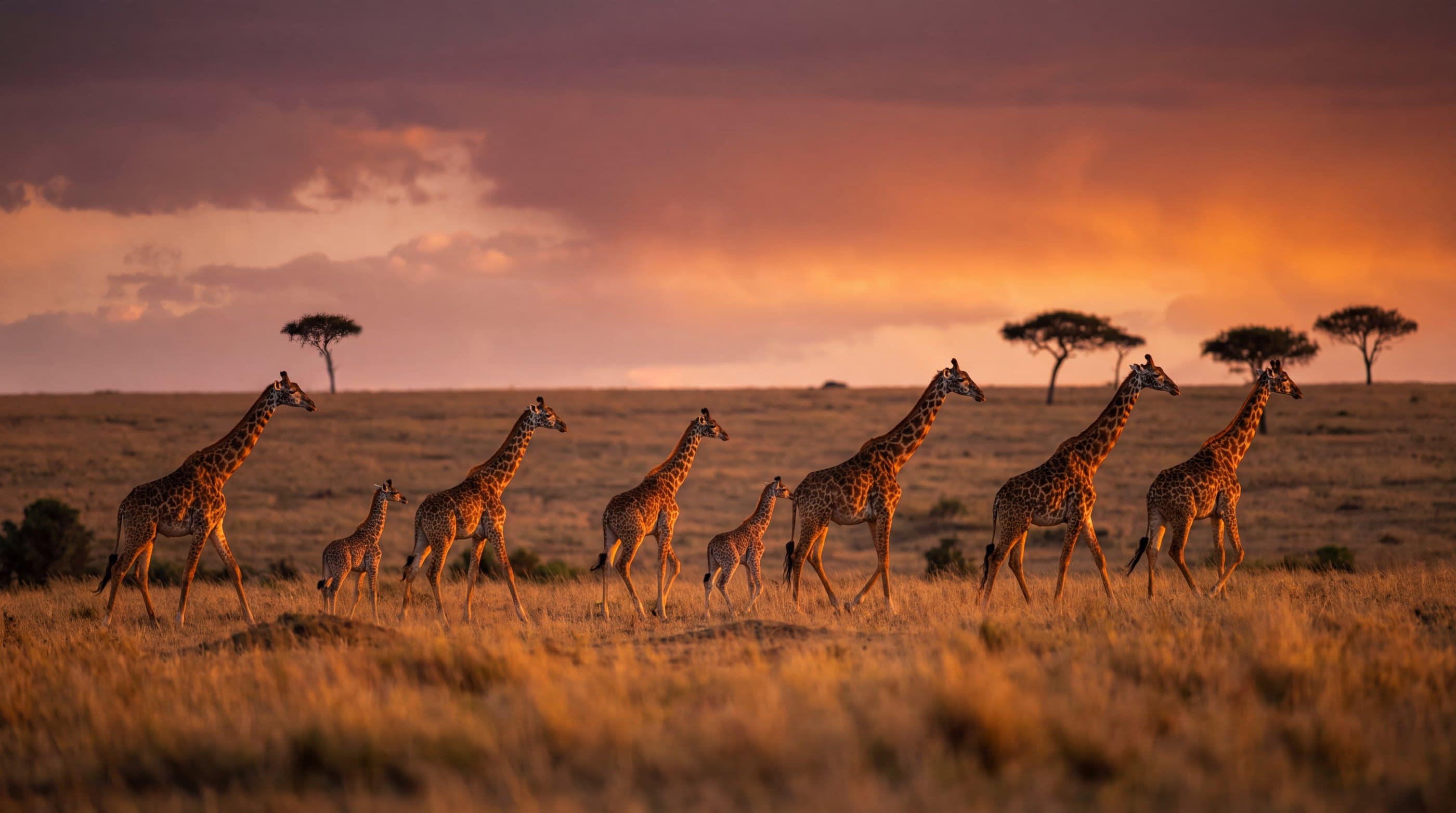Giraffenzug vor glühendem Abendhimmel, Schirmakazien am Horizont