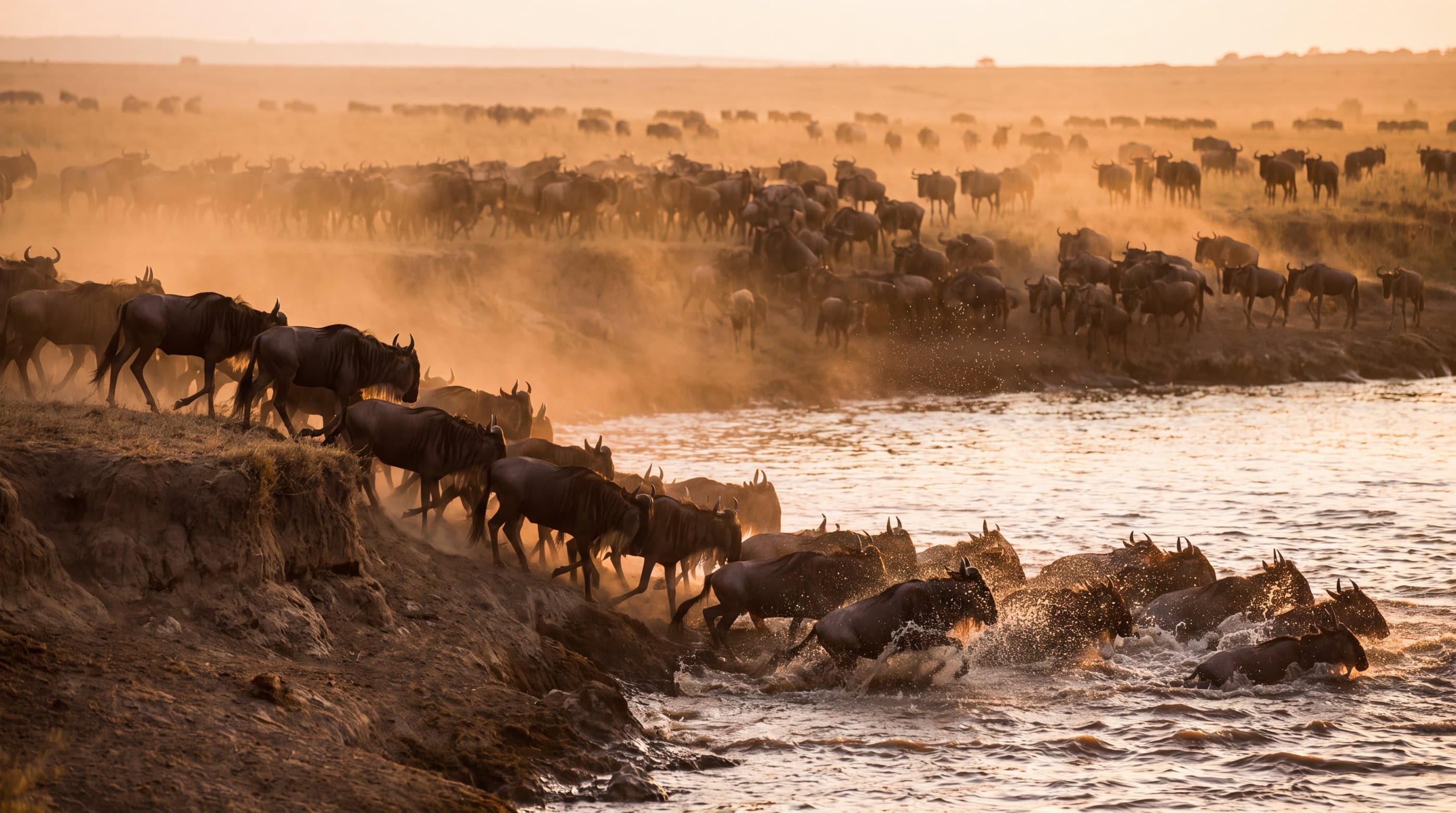Gnus springen in einer Staubwolke vom Ufer in einen Fluss