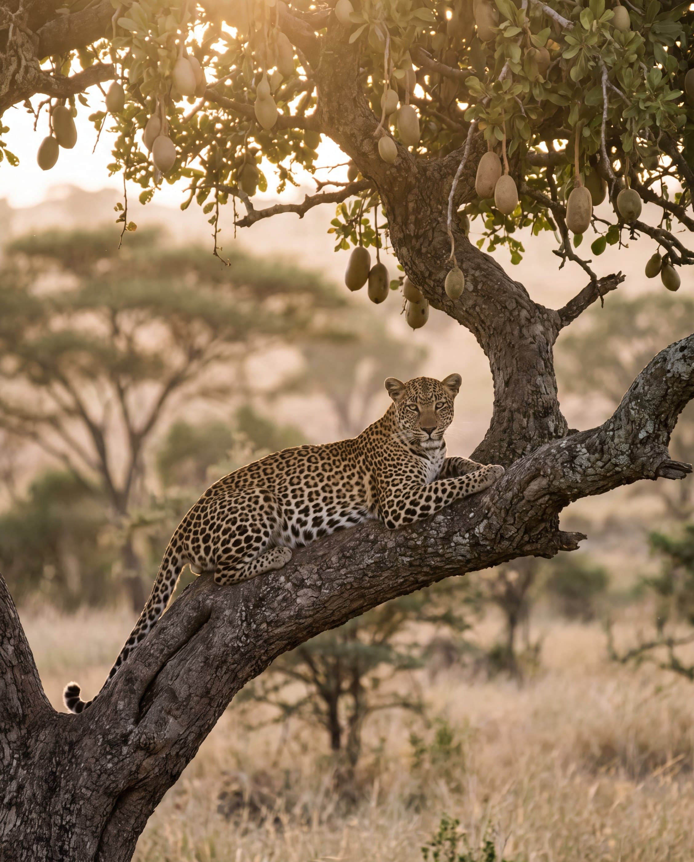 Leopard ruht auf dem Ast eines Leberwurstbaums im Gegenlicht