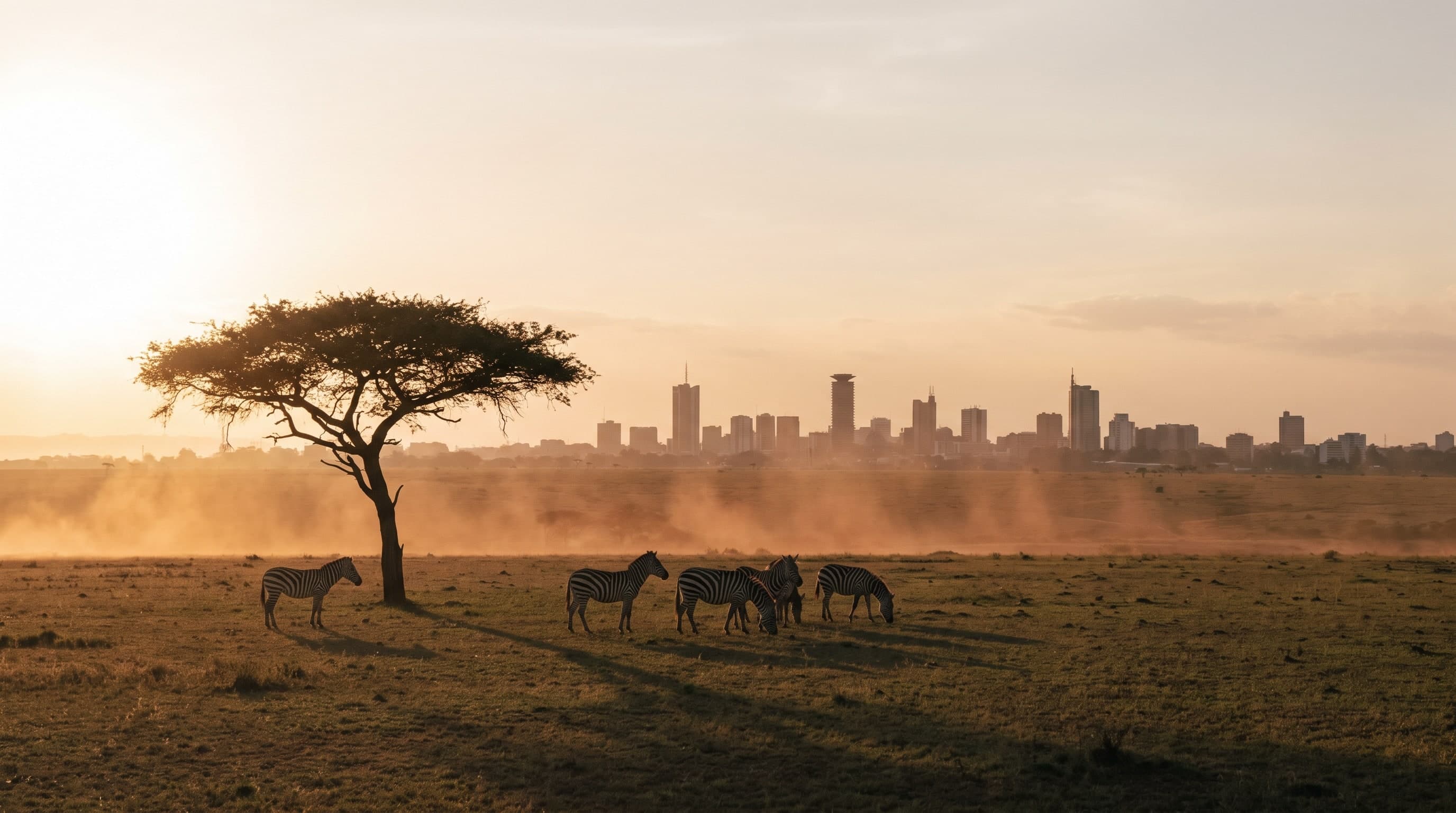 Zebras unter einer Akazie im Staub der Savanne, am Horizont die Hochhäuser einer Stadt